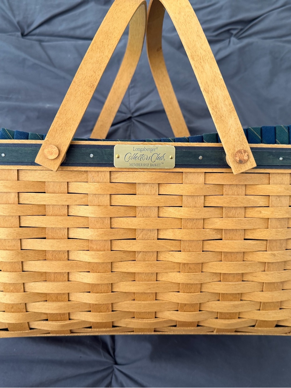 longaberger Natural Woven Basket Tote - Tan with Navy Trim